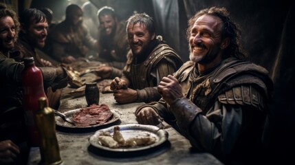 Roman Legionnaire sharing a meal with comrades in a makeshift mess hall