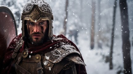 Fototapeta premium Roman Legionnaire's snowy journey highlighting troop determination