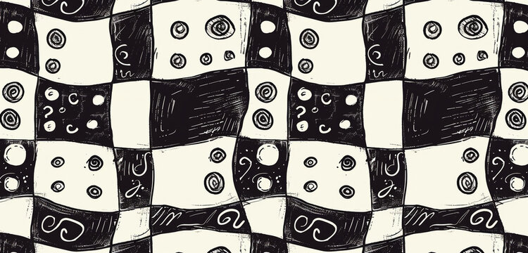 Hand-drawn checkerboard in black and white with intricate doodles.