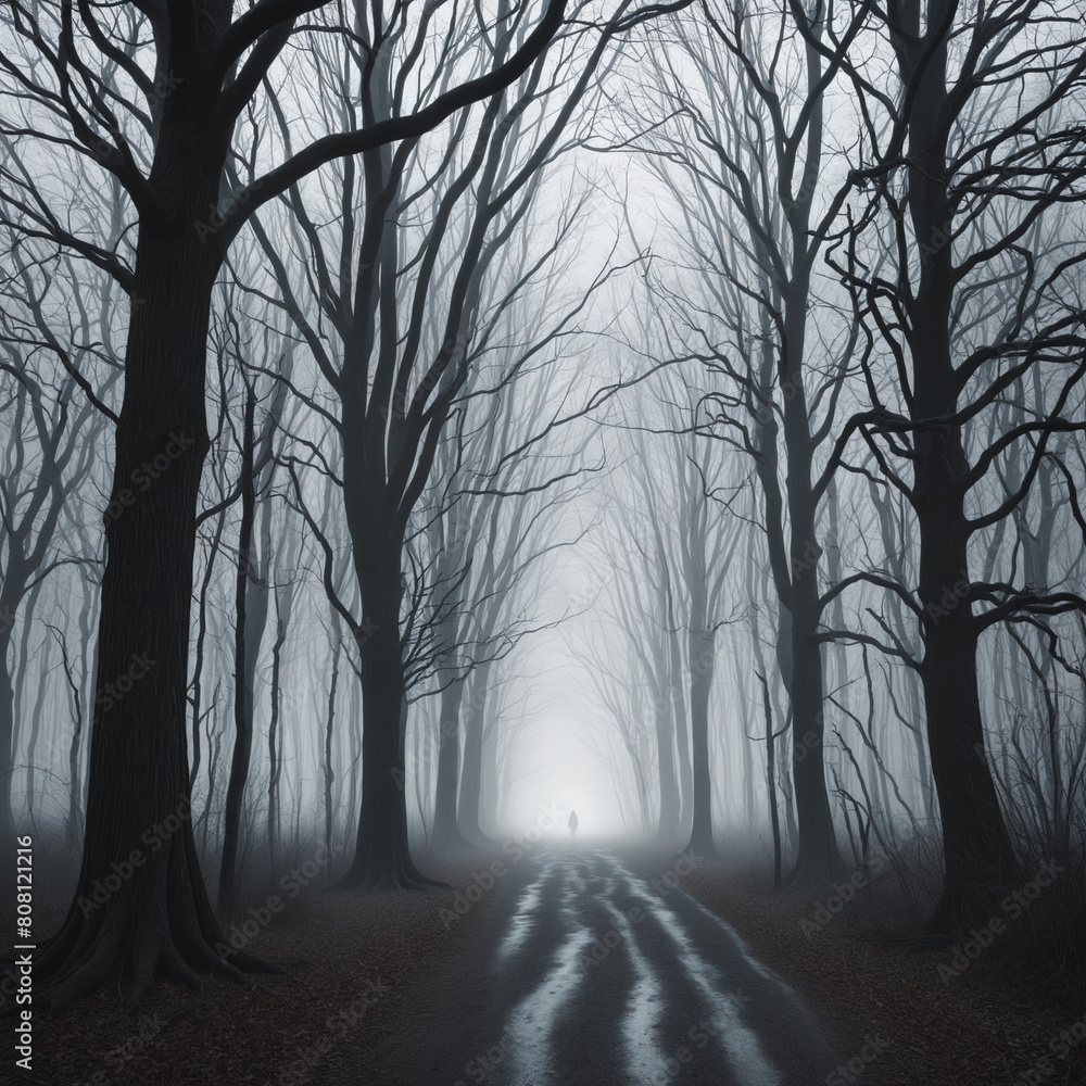 Poster spooky forest scene in a winter setting with a dark and eerie atmosphere, isolated on a transparent 