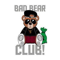 vector image rich rapper teddy bear with gold necklace saying bad bear club. Vector for silkscreen, dtg, dtf, t-shirts, signs, banners, Subimation Jobs or for any application