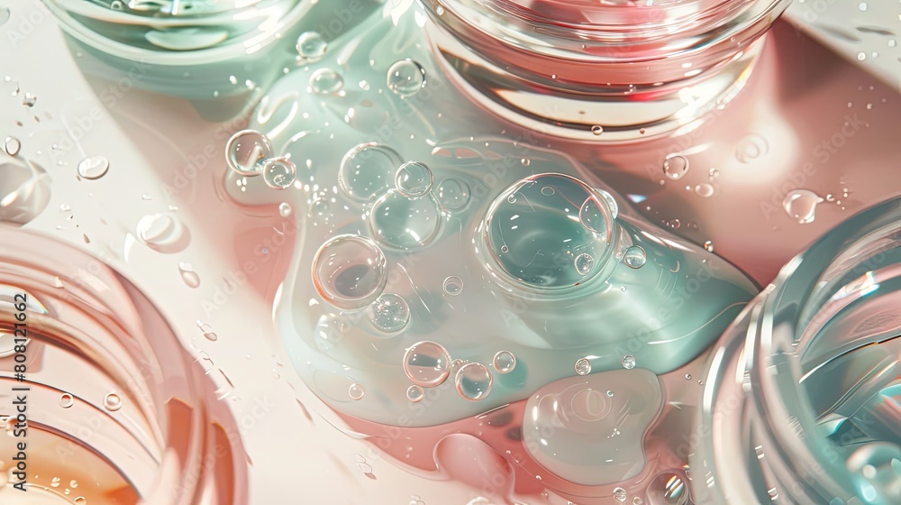 Poster a close up of a table with a few different colored containers of liquid on it