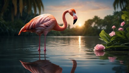 Fototapeta premium Majestic flamingo standing by tranquil waters at sunset