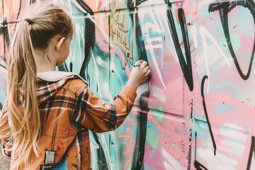 beautiful young woman drawing pastel graffiti on the colorful mural wall of an urban street