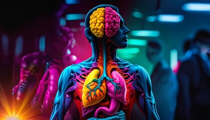 Vivid anatomical illustration in neon hues, featuring brain, heart, and crowd backdrop, evoking modern life.