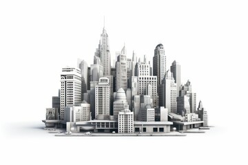 A black and white city made of buildings of different shapes and sizes.