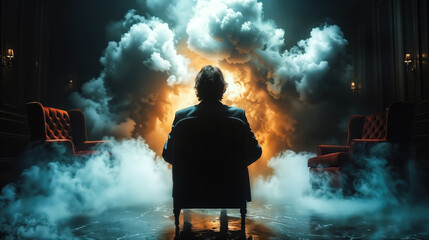 Man contemplating amidst dramatic clouds indoors