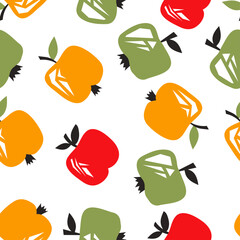 Seamless pattern of abstract red, yellow, green apples on a white background. Retro style tiling background, poster, textile, greeting card design.