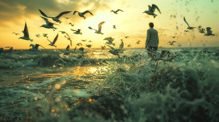 Man amidst sea waves and flying seagulls at sunset