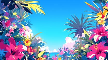Fototapeta na wymiar A tropical paradise with exotic orchids and hibiscus flowers blooming in abundance. amazing background, anime background.