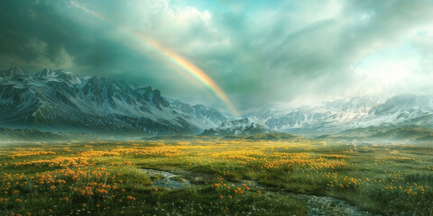 Majestic mountain landscape with rainbow