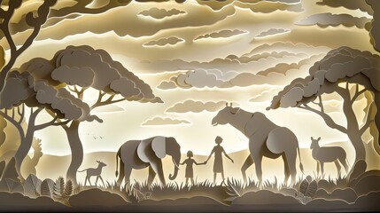 Intricate papercut of a family on a safari, observing paper animals in a papercut African savannah.