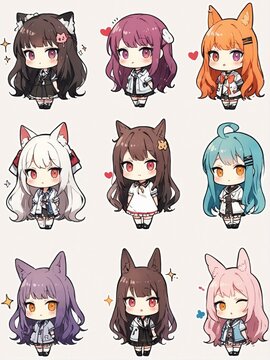 Collection of cute anime chibi characters with animal ears
