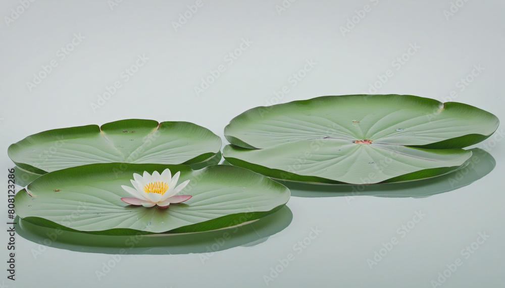 Poster ai-generated photorealistic image of blank, transparent cut-out lily pads floating on a tranquil pon