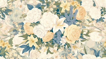 A Victorian-style floral wallpaper pattern featuring intricate bouquets of roses, lilies, and peonies. amazing background