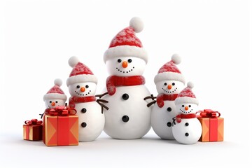 Fototapeta premium A family of snowmen wearing red hats and scarves with a few presents.