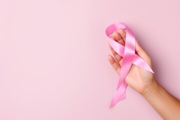 A hand holding a pink ribbon in front of a pink background.