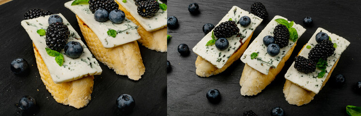 Blue cheese on bread. Gorgonzola with berries and honey, bruschetta with ricotta, blueberries
