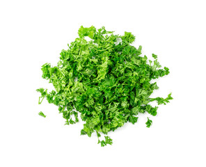 Chopped parsley leaves, curly parsley pile isolated, sliced raw garden herbs, fresh green cilantro...