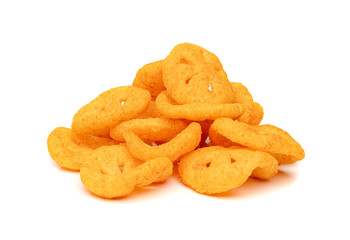 Corn puff snack isolated, crunchy cereal nosh, crispy yellow rice breakfast with paprika