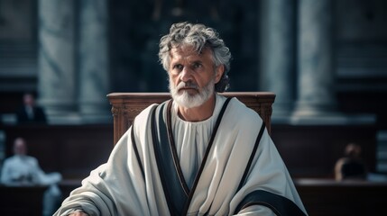 Roman magistrate in toga presiding over courtroom trial - obrazy, fototapety, plakaty