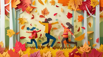 Joyful family playing in an autumn leaves scene, with papercut trees and leaves in vibrant fall colors.