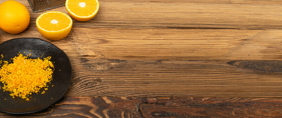 Raw Orange Peel on Wood Table, Zest on Rustic Background