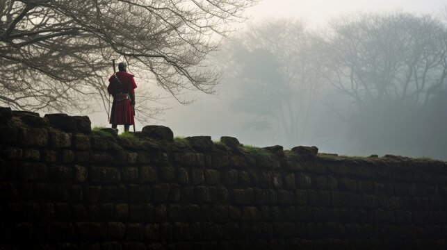 Roman soldier in crimson sagum standing sentinel on misty morning