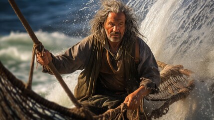 Roman fisherman in rough tunic casting net into turbulent waters