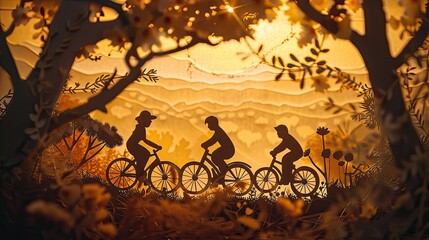 Papercut art depicting a family enjoying a bicycle ride together in a paper crafted countryside.