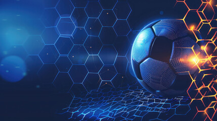An illustration featuring a glowing soccer ball against a blue background with a hexagonal grid pattern.