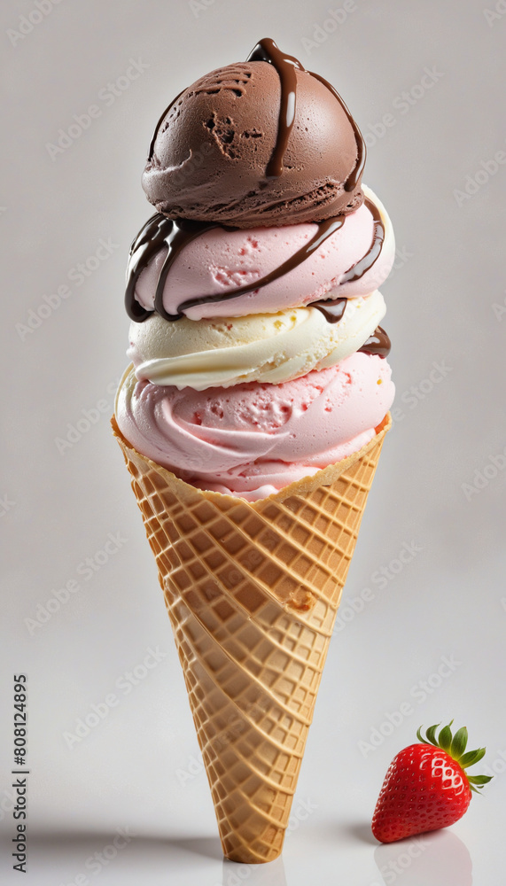 Poster assorted flavors of creamy ice cream in a cone on a white background with clipping path