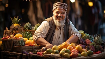Fototapeta premium Roman street vendor selling exotic fruits and spices in bustling square