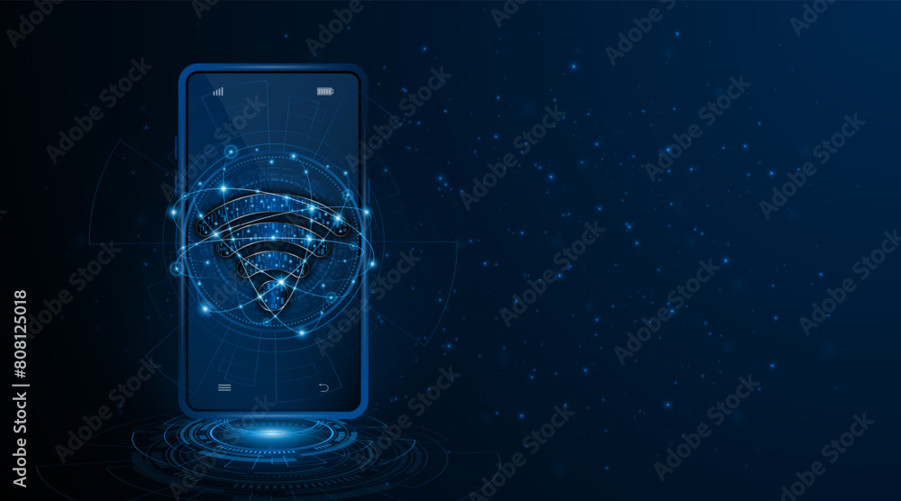 Poster Abstract wifi symbol with smartphone on the background. Communication technology concept, internet signal or wireless connection
