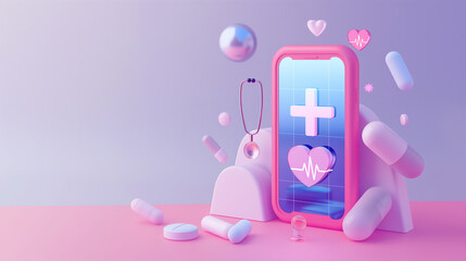 3D pink and blue mobile phone with a plus sign on the screen and various medical symbols floating around