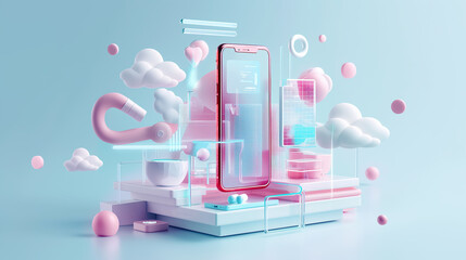 3D pink smartphone with a blue screen on a blue background with pink and blue geometric shapes floating around it.