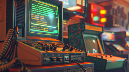 An old video game console is playing an 80s arcade game, the loading screen shows a green progress bar moving as the player waits to start a new level.