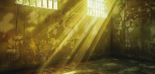 Tranquil vintage atmosphere in an aged olive room bathed in nostalgic sun rays.