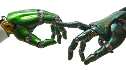 Robot and human hand touching their index finger, gesture isolated on white  and Transparent Background - Concept about tech innovation, machine learning progress and partnership with artific