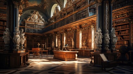Roman library scrolls books scholars amidst marble columns reading desks