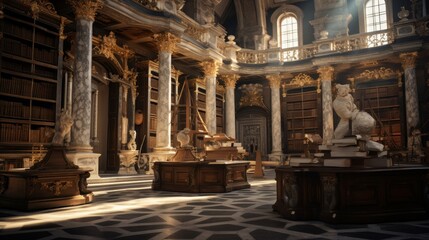 Roman library scholars amidst scrolls books marble columns reading