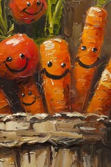 Fototapeta premium Close-up oil painting of adorable carrots and tomatoes with smiley faces peeking out of a basket, exuding warmth and playfulness