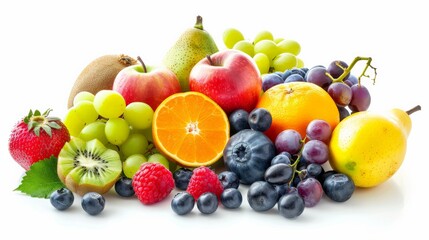 An assortment of fruits including apples, grapes, pears, kiwi, oranges, raspberries, strawberries, and blueberries.