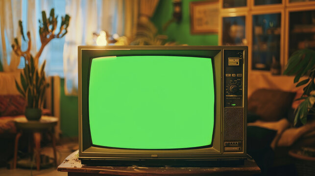 An old-fashioned green screen TV, like the ones from the 90s, sits in a living room. The screen is blank and ready to be filled with your own images or videos.