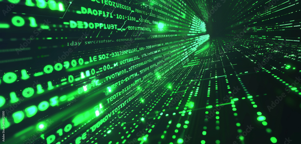 Poster abstract futuristic vector with neon green matrix code.