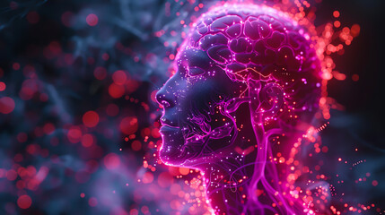 The image shows a digital composite of a human head made of glowing pink particles. The head is in profile and surrounded by a dark background with bright red and pink lights. - Powered by Adobe