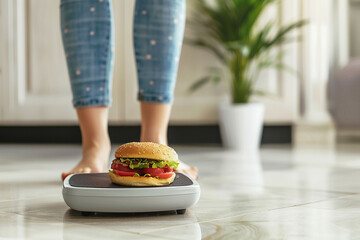 A hamburger on a scale close-up against the background of a woman in sportswear. Weight loss concept.