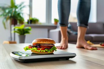 Weight loss concept. Close-up of a hamburger on a scale and a woman standing on the floor at home in sportswear.