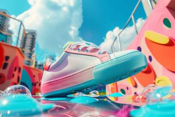 Colorful sneaker on vibrant, surreal street under blue sky