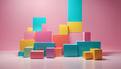 Obraz premium Geometry meets neon minimalism in a holographic pedestal stack on a pastel canvas with sleek copy space 